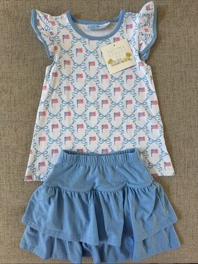 Trotter Street Kids Flag Print Top & Blue Ruffle Skort Set 5T